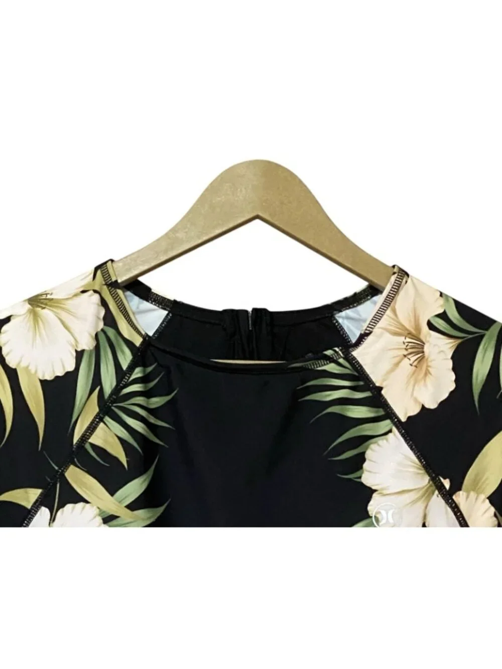 Hurley Womens L Black Floral Long Sleeve One Piece Swimsuit UPF 50 Surf